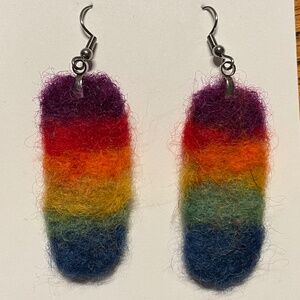 Rainbow, needle-felted 100% wool earrings, 2” Handcrafted
